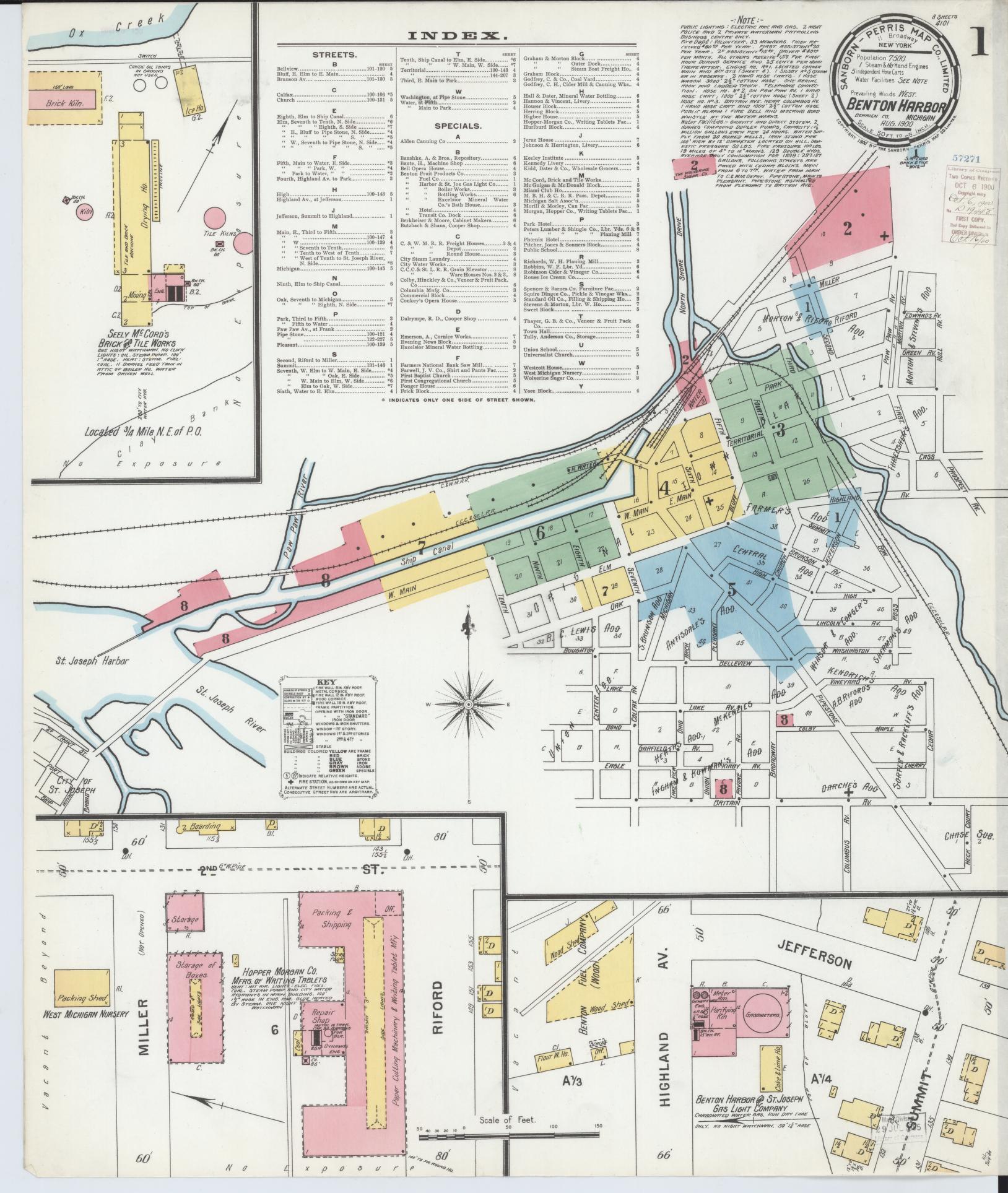 Sanborn Fire Insurance Map from Benton Harbor, Berrien County, Michigan (1900), Sheet #0001 - Historic Sanborn Fire Insurance Map Print, vintage old map wall art, antique decor, genealogy gift, Michigan Michigan map
