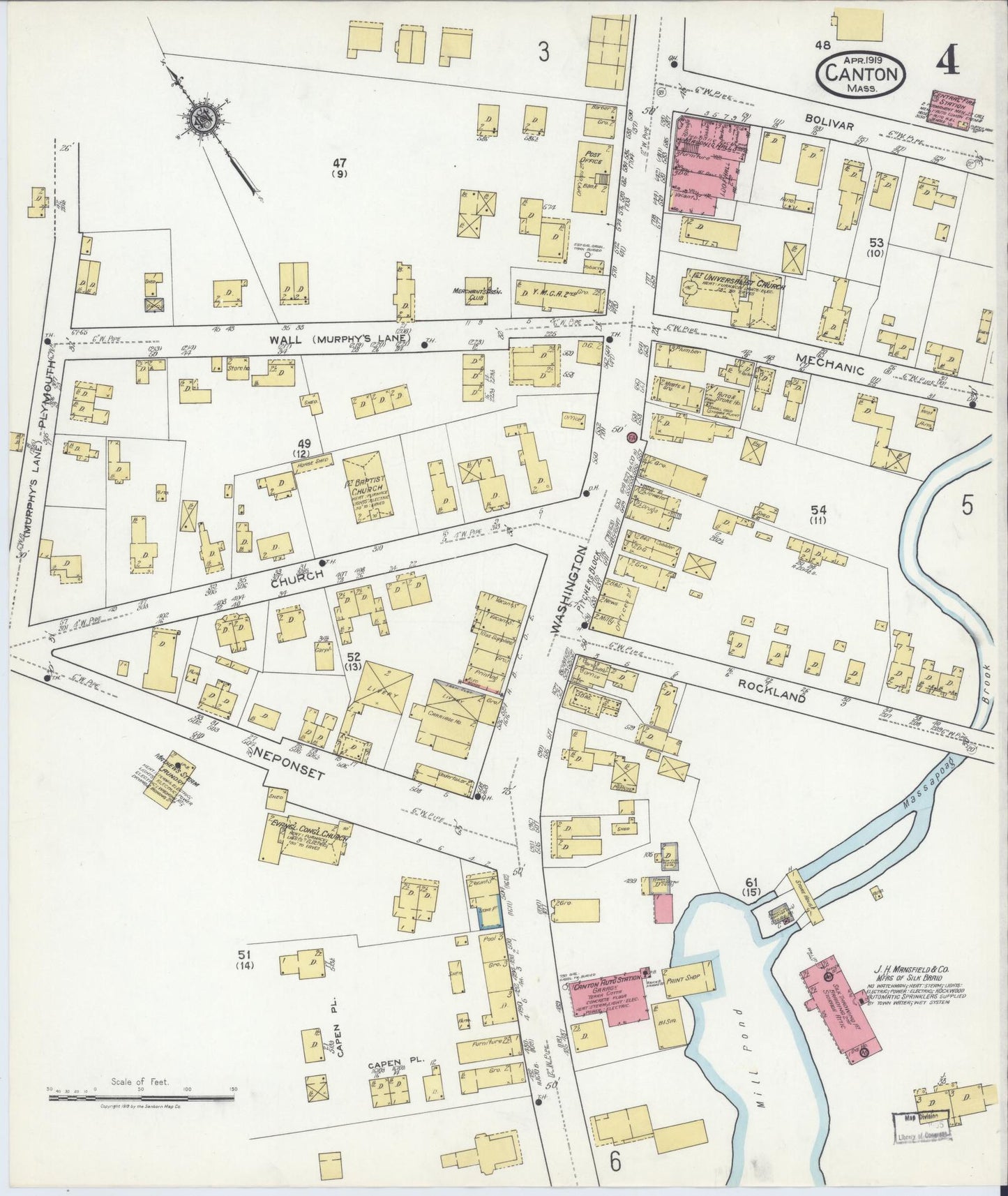 Sanborn Fire Insurance Map from Canton, Norfolk County, Massachusetts (1919), Sheet #0004 - Historic Sanborn Fire Insurance Map Print, vintage old map wall art, antique decor, genealogy gift, Massachusetts Massachusetts map