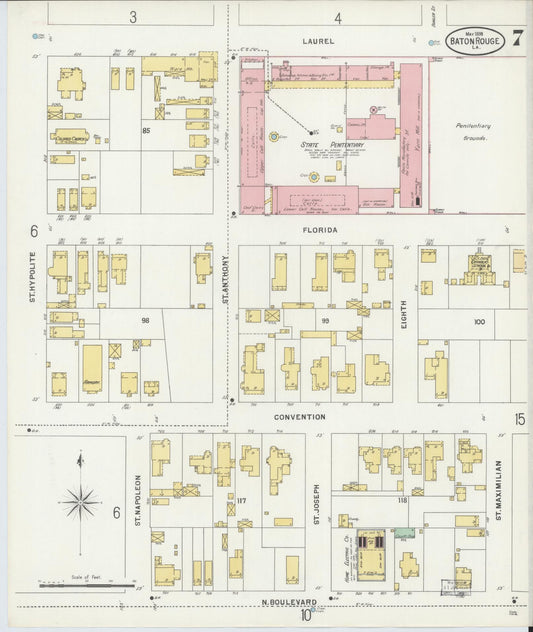 Sanborn Fire Insurance Map from Baton Rouge, East Baton Rouge Parish, Louisiana (1898), Sheet #0007 - Historic Sanborn Fire Insurance Map Print, vintage old map wall art, antique decor, genealogy gift, Louisiana Louisiana map