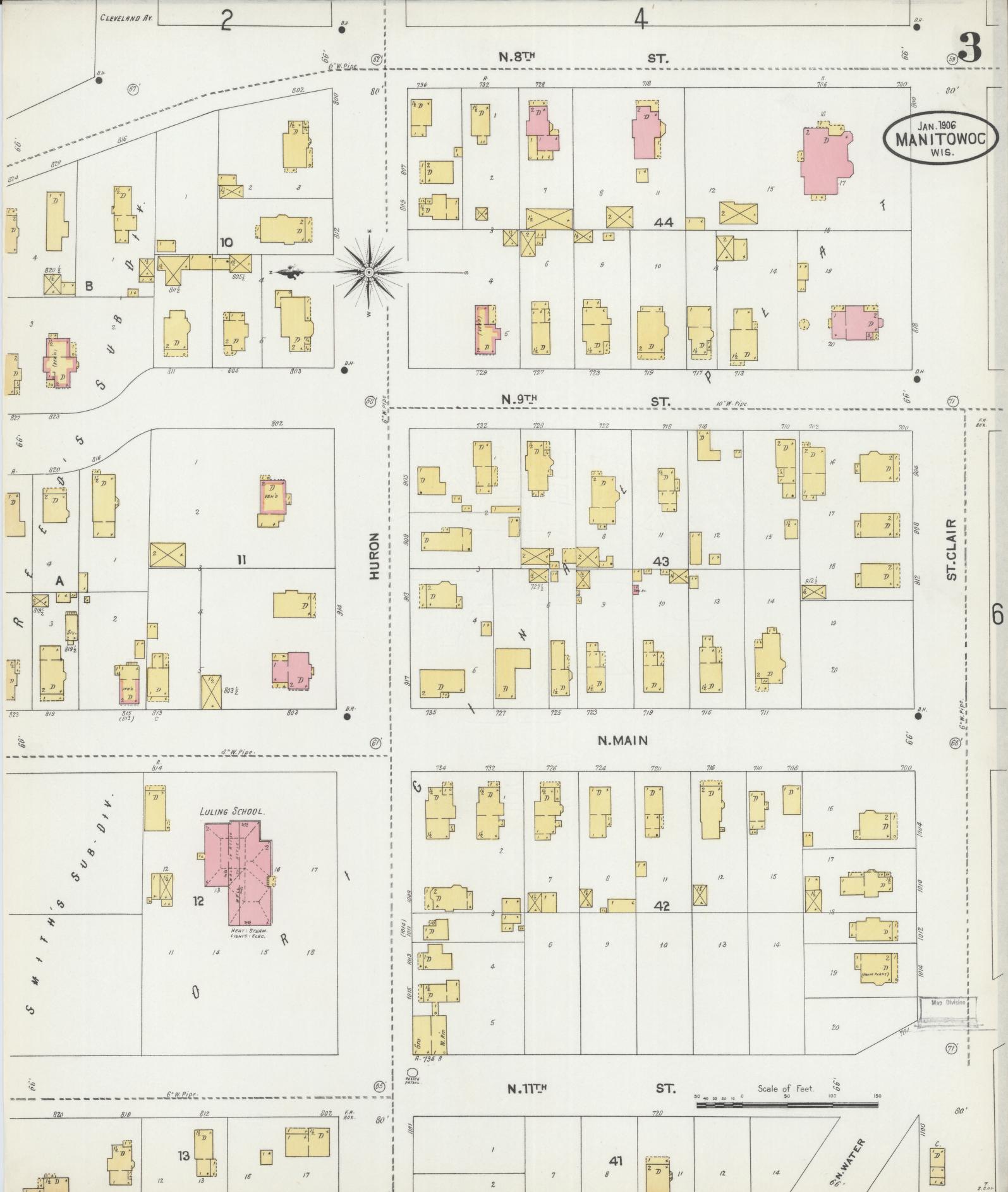 Sanborn Fire Insurance Map from Manitowoc, Manitowoc County, Wisconsin (1906), Sheet #0003 - Historic Sanborn Fire Insurance Map Print, vintage old map wall art, antique decor, genealogy gift, Wisconsin Wisconsin map