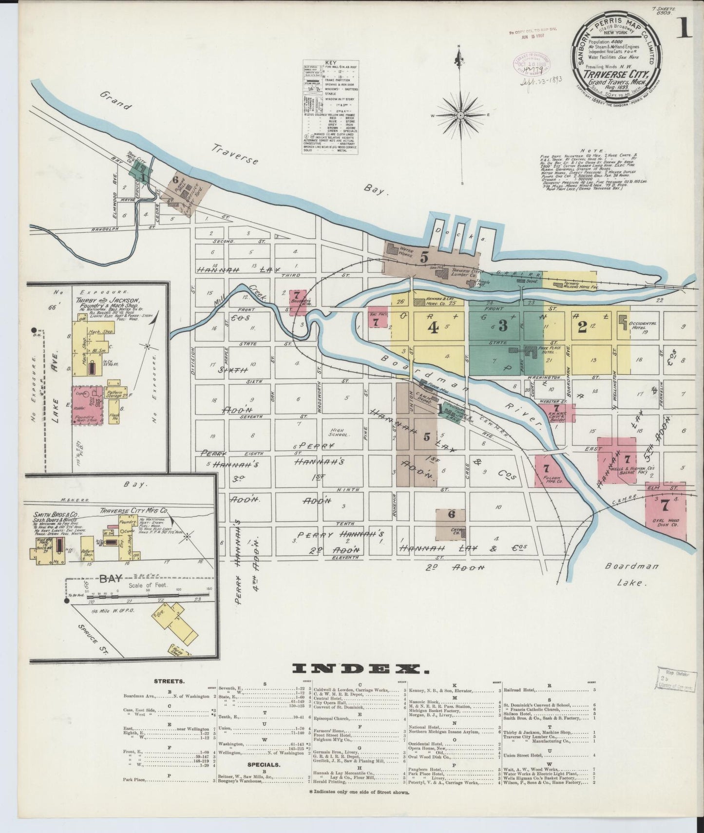 Sanborn Fire Insurance Map from Traverse City, Grand Traverse County, Michigan (1893), Sheet #0001 - Historic Sanborn Fire Insurance Map Print, vintage old map wall art, antique decor, genealogy gift, Michigan Michigan map
