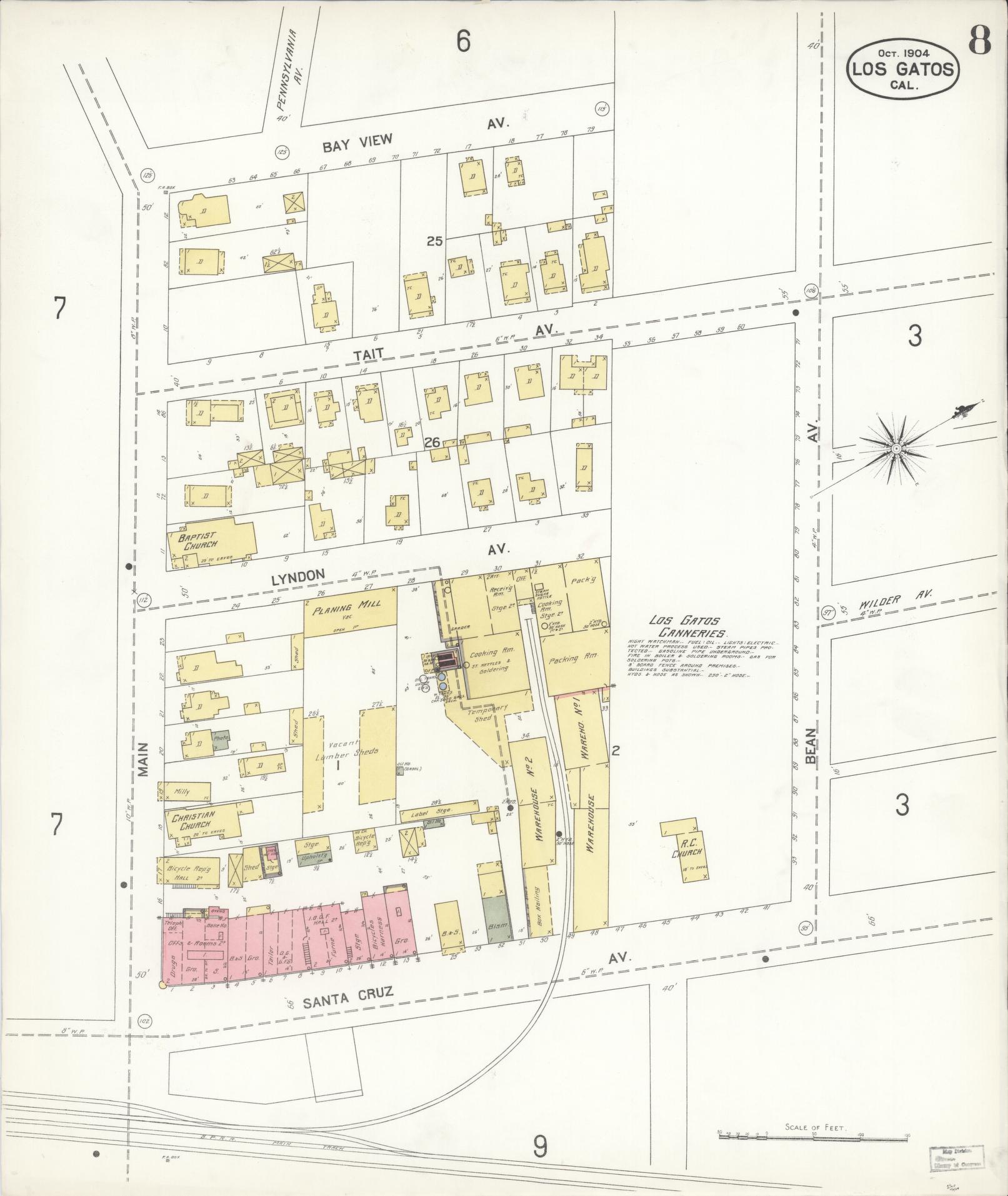Sanborn Fire Insurance Map from Los Gatos, Santa Clara County, California (1904), Sheet #0008 - Complete Map Set gallery image, historic Sanborn map, vintage wall art, California California