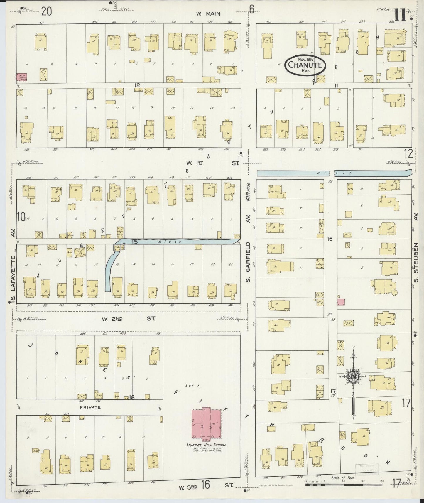 Sanborn Fire Insurance Map from Chanute, Neosho County, Kansas (1916), Sheet #0011 - Complete Map Set gallery image, historic Sanborn map, vintage wall art, Kansas Kansas