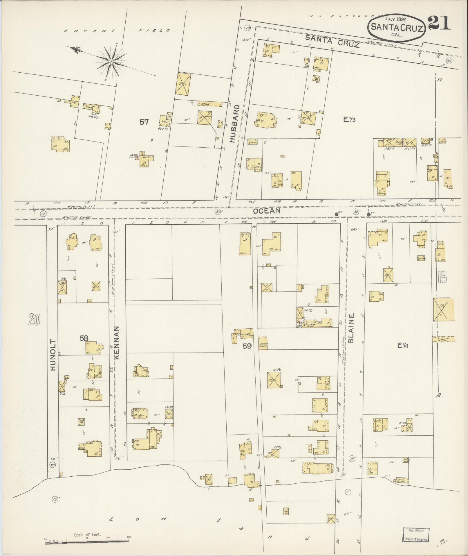 Sanborn Fire Insurance Map from Santa Cruz, Santa Cruz County, California (1892), Sheet #0021 - Complete Map Set gallery image, historic Sanborn map, vintage wall art, California California