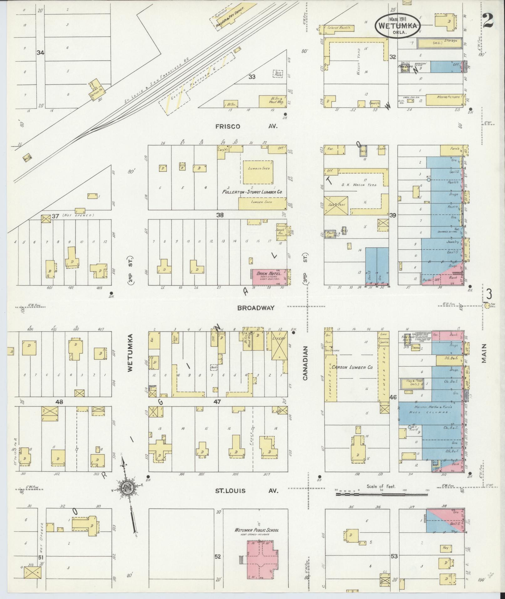 Sanborn Fire Insurance Map from Wetumka, Hughes County, Oklahoma (1911), Sheet #0002 - Complete Map Set gallery image, historic Sanborn map, vintage wall art, Oklahoma Oklahoma