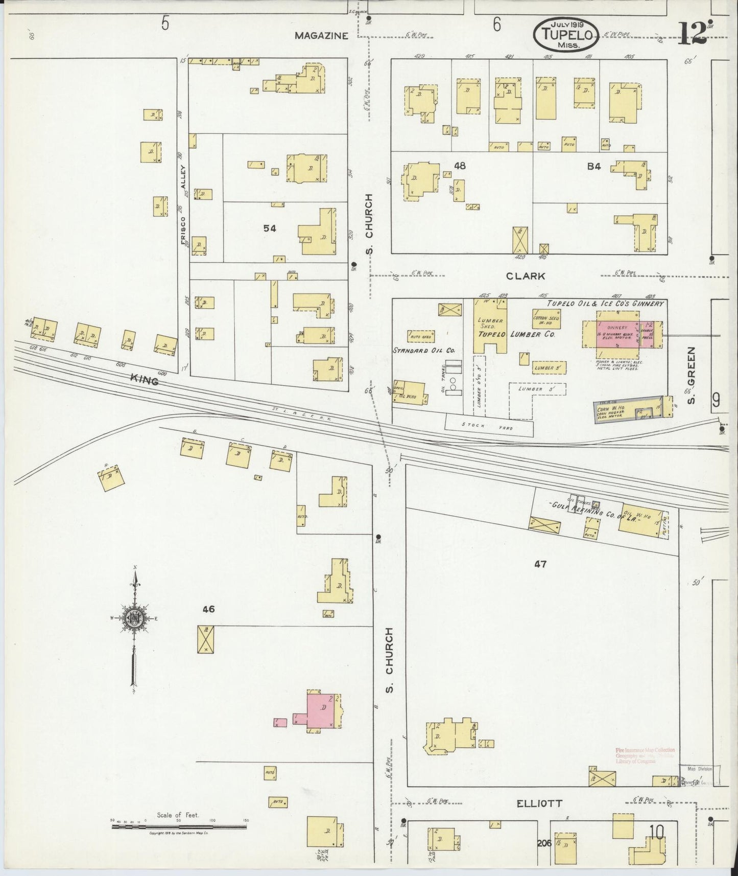 Sanborn Fire Insurance Map from Tupelo, Lee County, Mississippi (1919), Sheet #0012 - Complete Map Set gallery image, historic Sanborn map, vintage wall art, Mississippi Mississippi