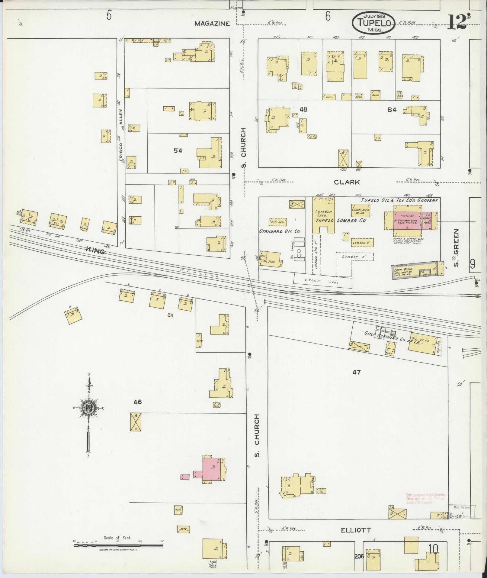 Sanborn Fire Insurance Map from Tupelo, Lee County, Mississippi (1919), Sheet #0012 - Complete Map Set gallery image, historic Sanborn map, vintage wall art, Mississippi Mississippi