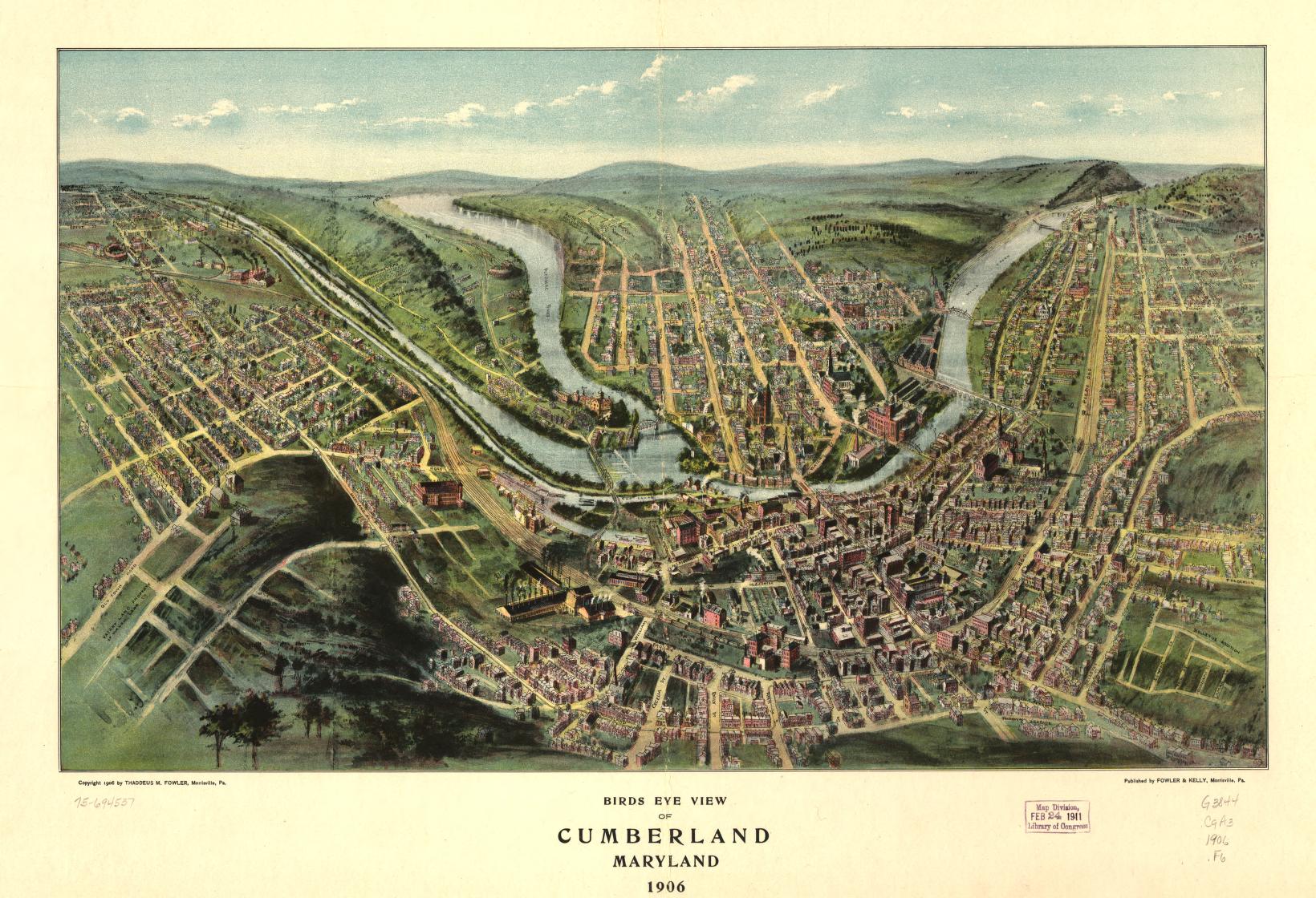 Bird's eye view of Cumberland, Maryland 1906. (1906) – Historic Bird’s-Eye View Panorama Print
