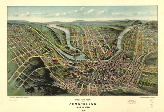 Bird's eye view of Cumberland, Maryland 1906. (1906) – Historic Bird’s-Eye View Panorama Print