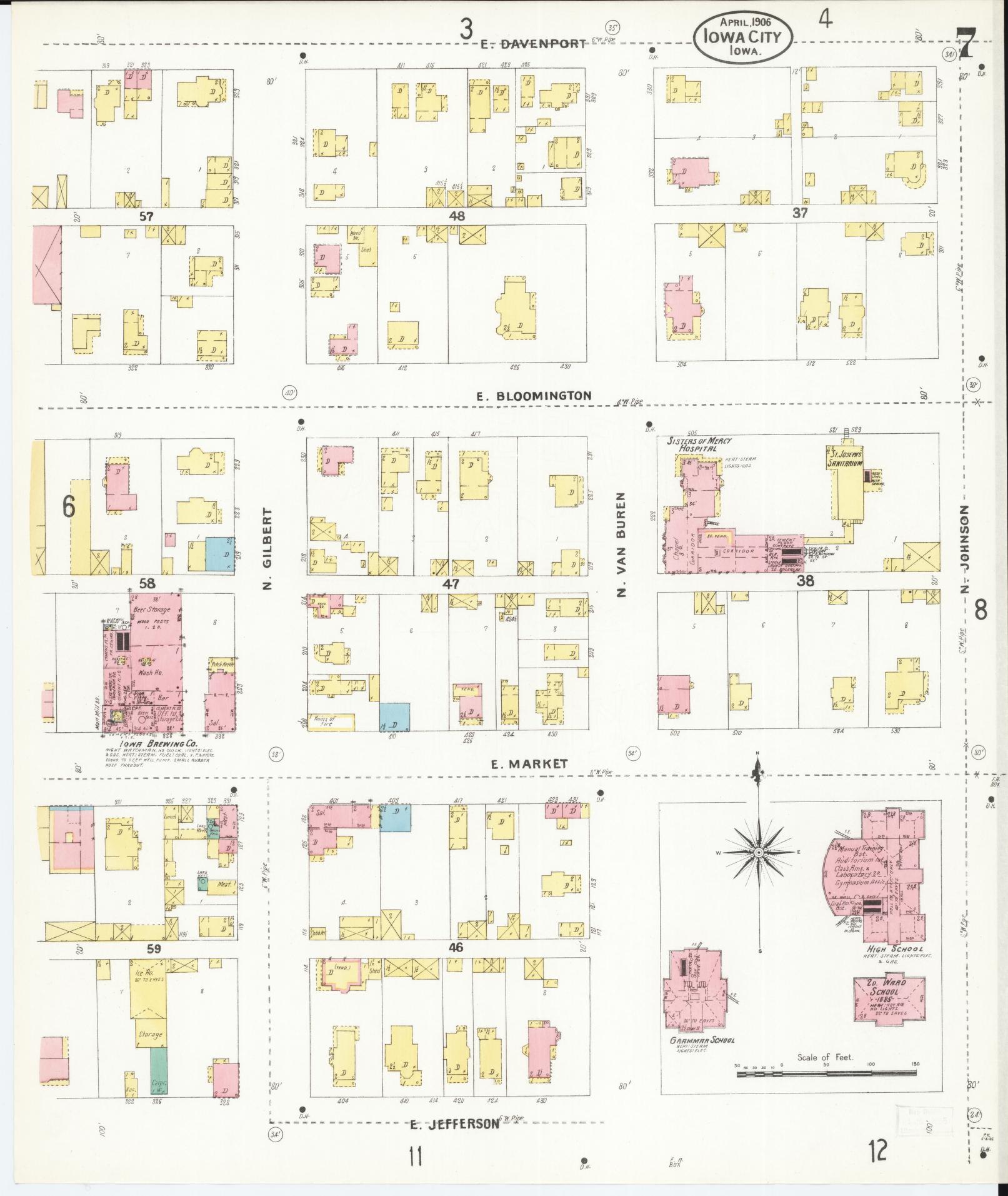 Sanborn Fire Insurance Map from Iowa City, Johnson County, Iowa (1906), Sheet #0007 - Historic Sanborn Fire Insurance Map Print, vintage old map wall art