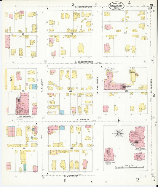 Sanborn Fire Insurance Map from Iowa City, Johnson County, Iowa (1906), Sheet #0007 - Historic Sanborn Fire Insurance Map Print, vintage old map wall art