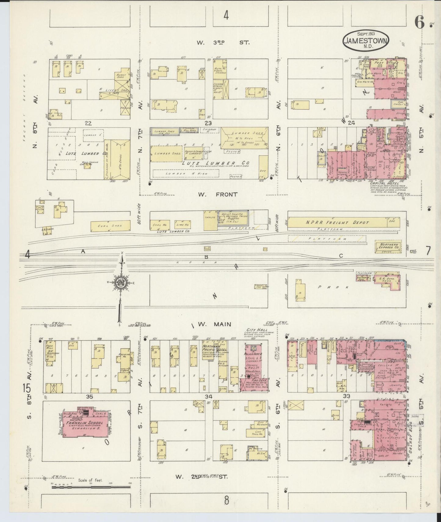 Sanborn Fire Insurance Map from Jamestown, Stutsman County, North Dakota (1913), Sheet #0006 - Complete Map Set gallery image, historic Sanborn map, vintage wall art, North Dakota North Dakota