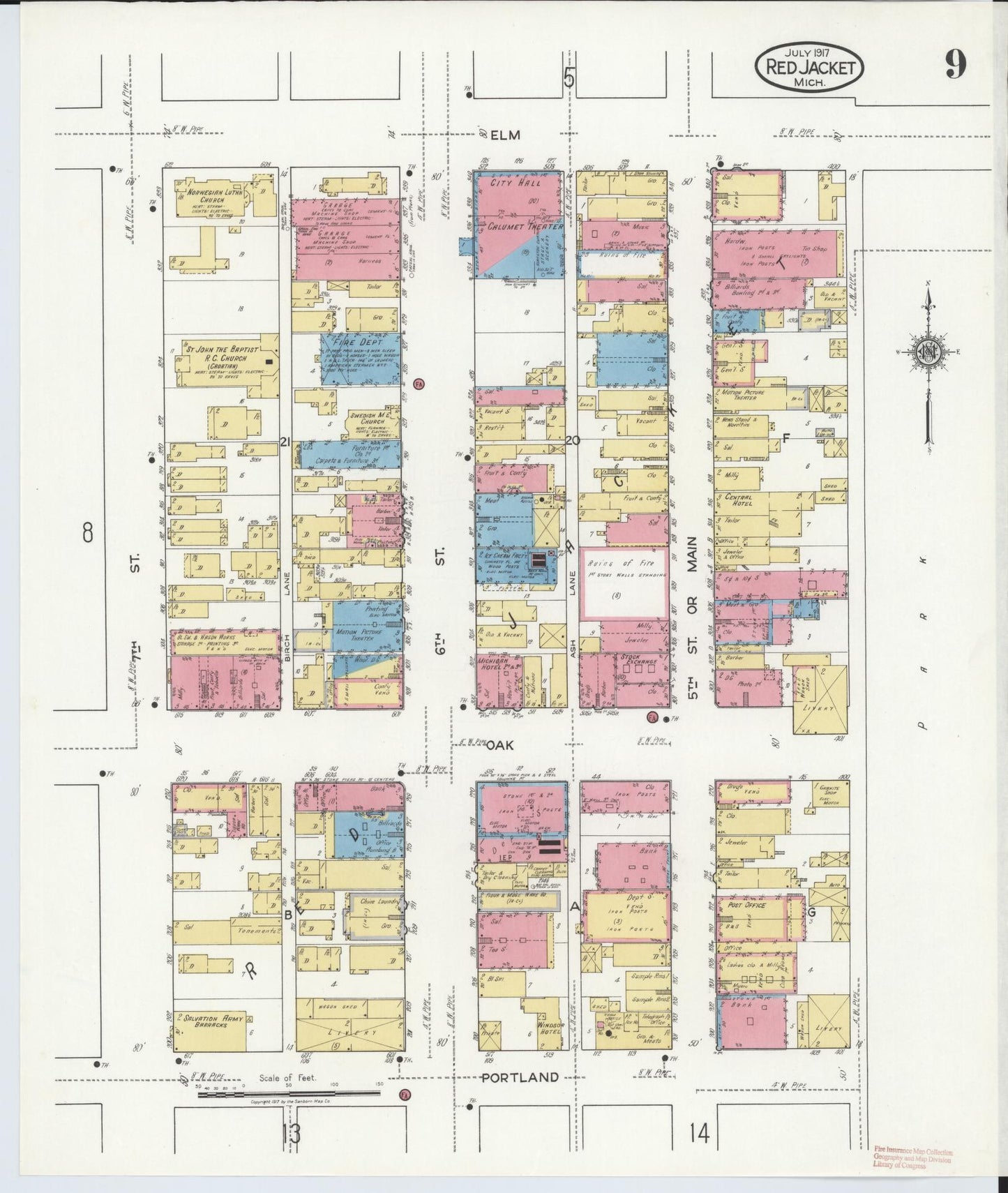 Sanborn Fire Insurance Map from Red Jacket, Houghton County, Michigan (1917), Sheet #0009 - Complete Map Set gallery image, historic Sanborn map, vintage wall art, Michigan Michigan