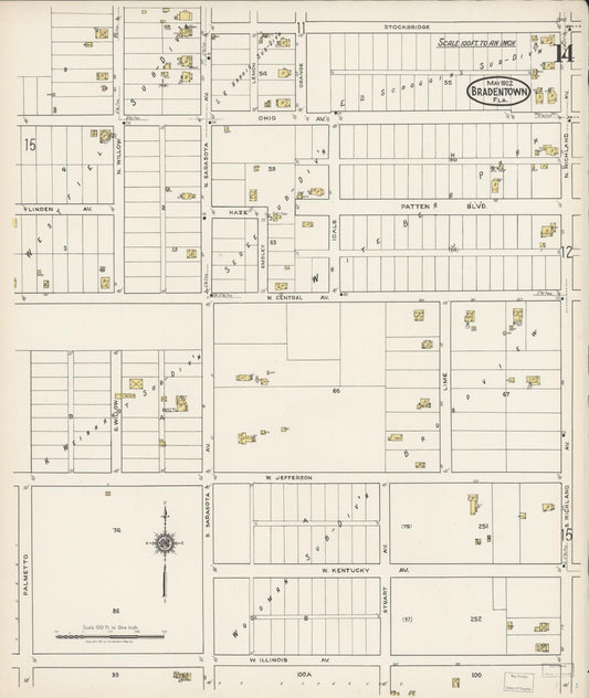 Sanborn Fire Insurance Map from Bradentown, Manatee County, Florida (1922), Sheet #0014 - Historic Sanborn Fire Insurance Map Print, vintage old map wall art, antique decor, genealogy gift, Florida Florida map