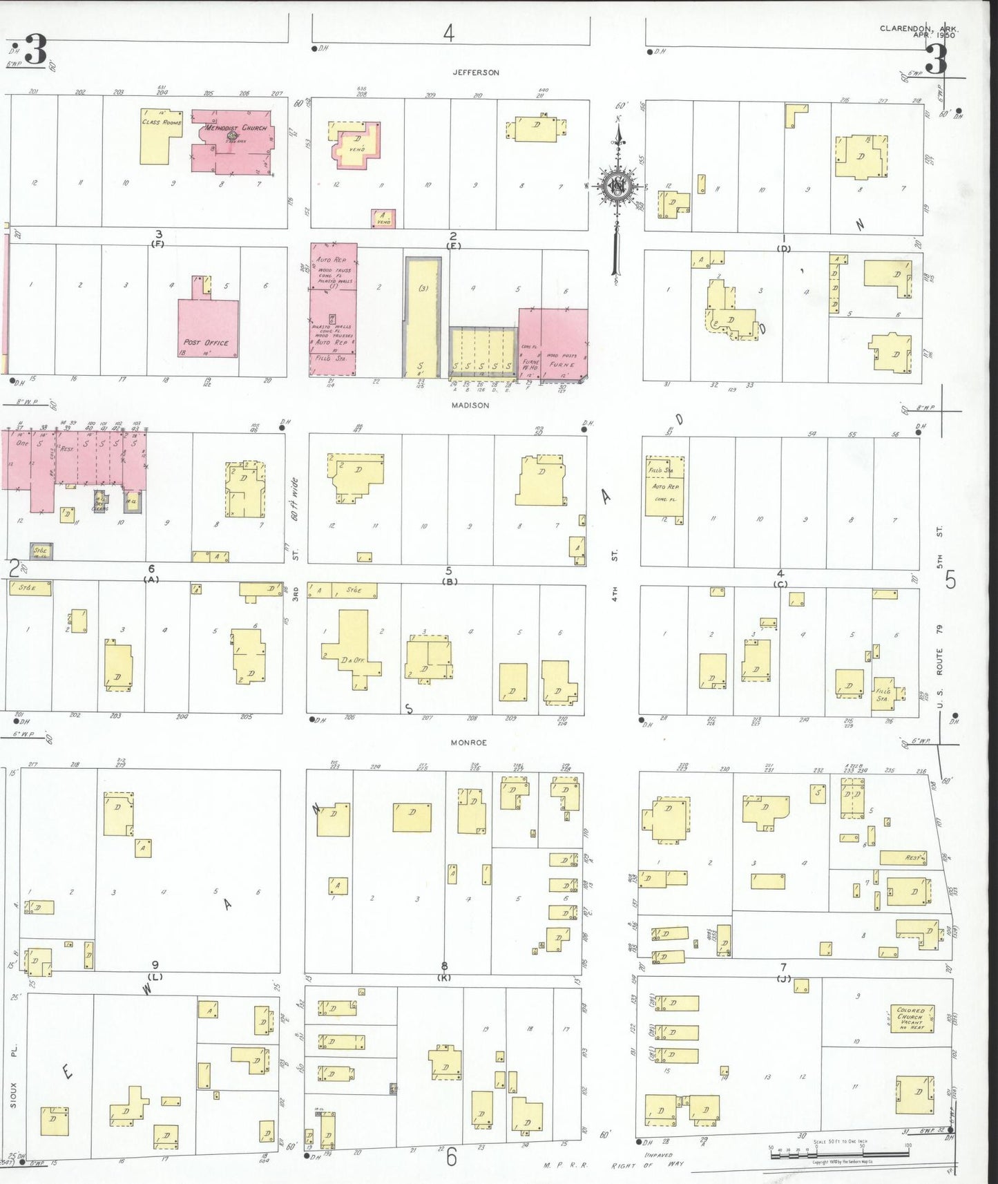 Sanborn Fire Insurance Map from Clarendon, Monroe County, Arkansas (1950), Sheet #0003 - Complete Map Set gallery image, historic Sanborn map, vintage wall art, Arkansas Arkansas