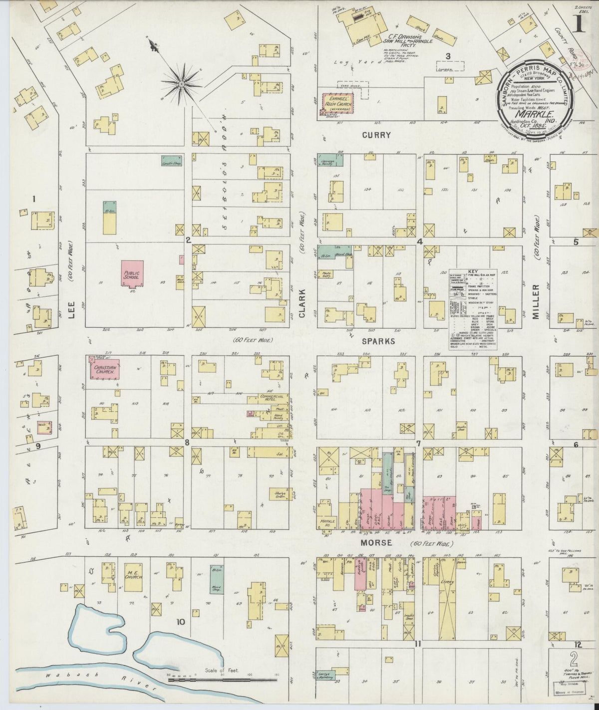 Sanborn Fire Insurance Map from Markle, Huntington County, Indiana (1895), Sheet #0001 - Historic Sanborn Fire Insurance Map Print, vintage old map wall art, antique decor, genealogy gift, Indiana Indiana map