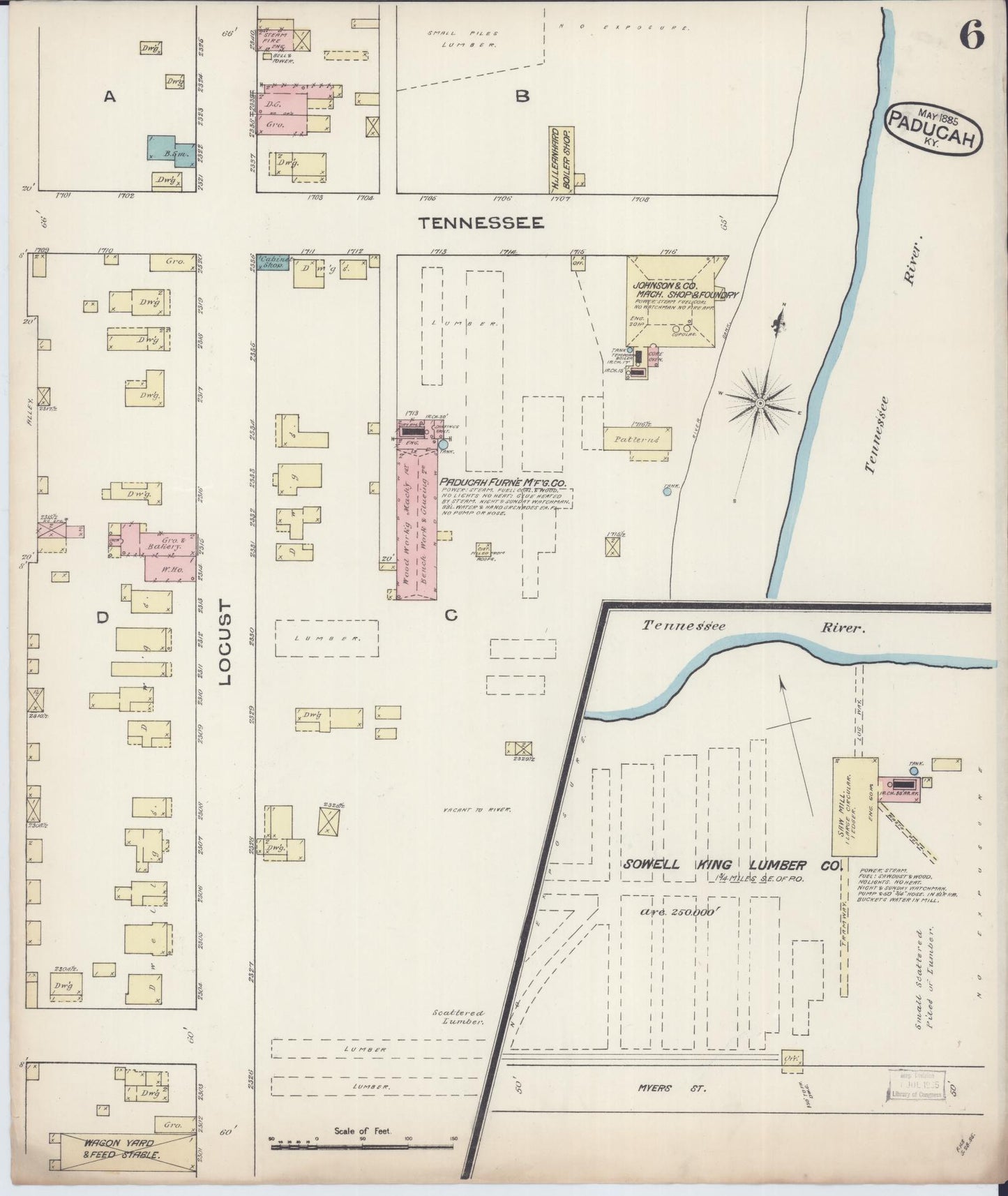 Sanborn Fire Insurance Map from Paducah, Mccraken County, Kentucky (1885), Sheet #0006 - Historic Sanborn Fire Insurance Map Print, vintage old map wall art, antique decor, genealogy gift, Kentucky Kentucky map