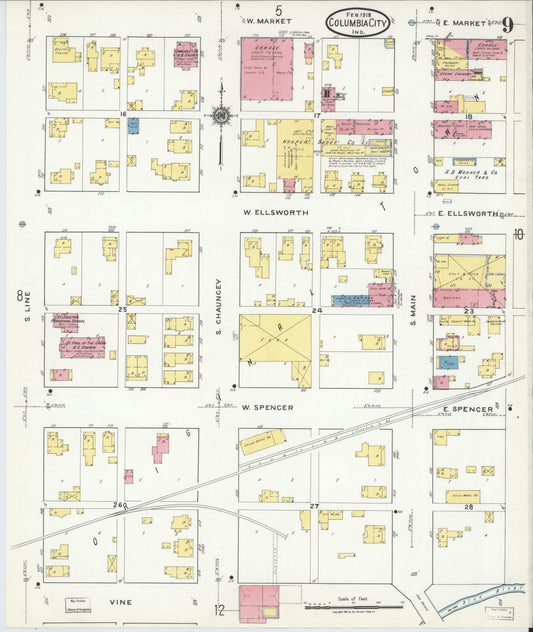 Sanborn Fire Insurance Map from Columbia City, Whitley County, Indiana (1918), Sheet #0009 - Historic Sanborn Fire Insurance Map Print, vintage old map wall art, antique decor, genealogy gift, Indiana Indiana map