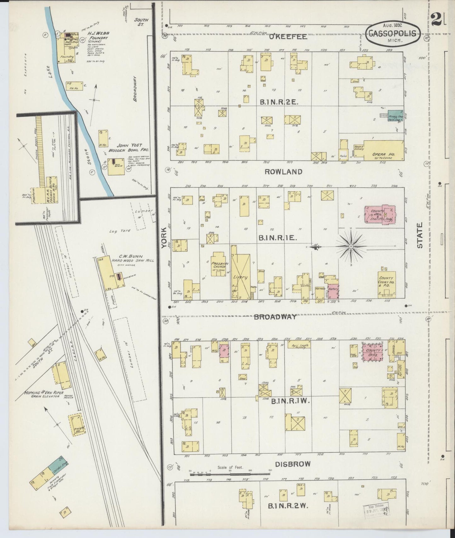 Sanborn Fire Insurance Map from Cassopolis, Cass County, Michigan (1892), Sheet #0002 - Historic Sanborn Fire Insurance Map Print, vintage old map wall art, antique decor, genealogy gift, Michigan Michigan map