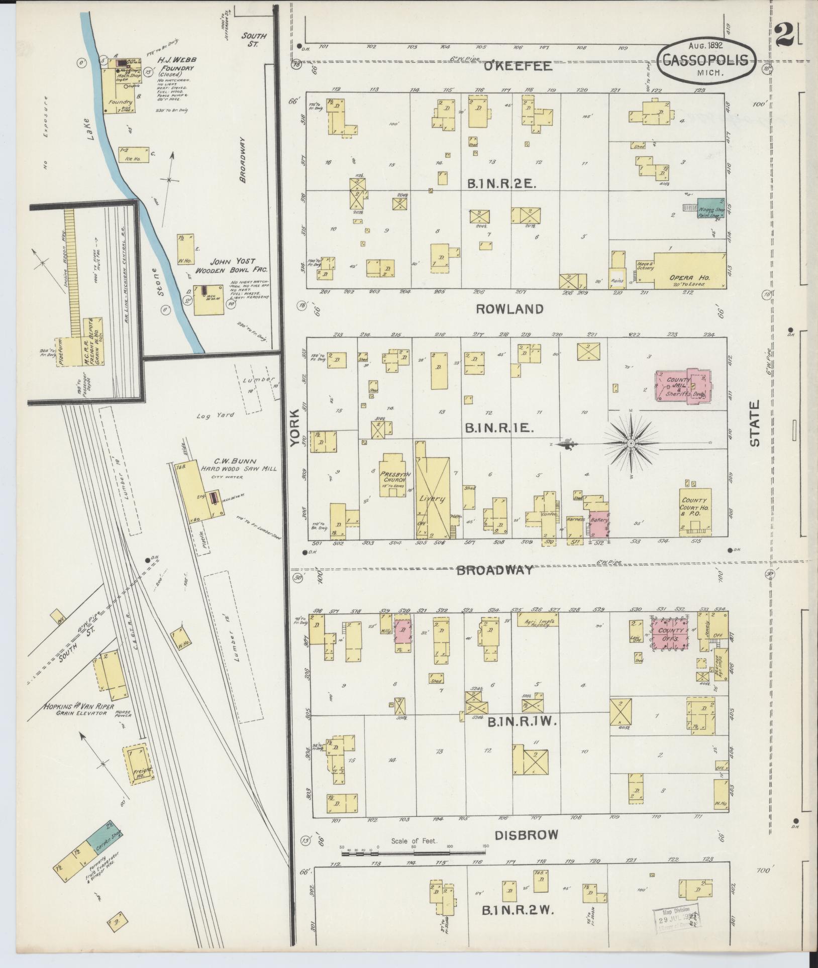 Sanborn Fire Insurance Map from Cassopolis, Cass County, Michigan (1892), Sheet #0002 - Historic Sanborn Fire Insurance Map Print, vintage old map wall art, antique decor, genealogy gift, Michigan Michigan map