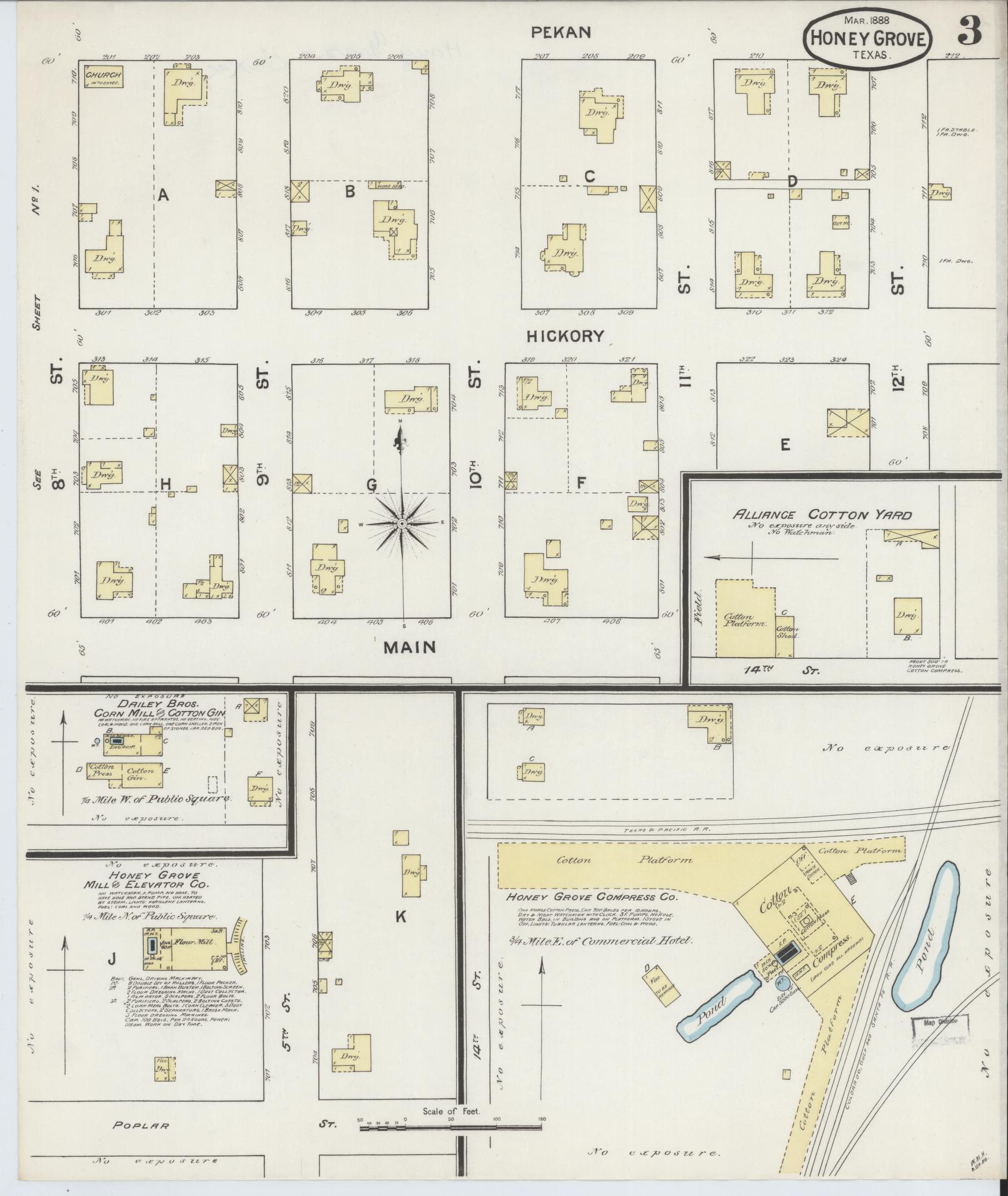 Sanborn Fire Insurance Map from Honey Grove, Fannin County, Texas (1888), Sheet #0003 - Complete Map Set gallery image, historic Sanborn map, vintage wall art, Texas Texas