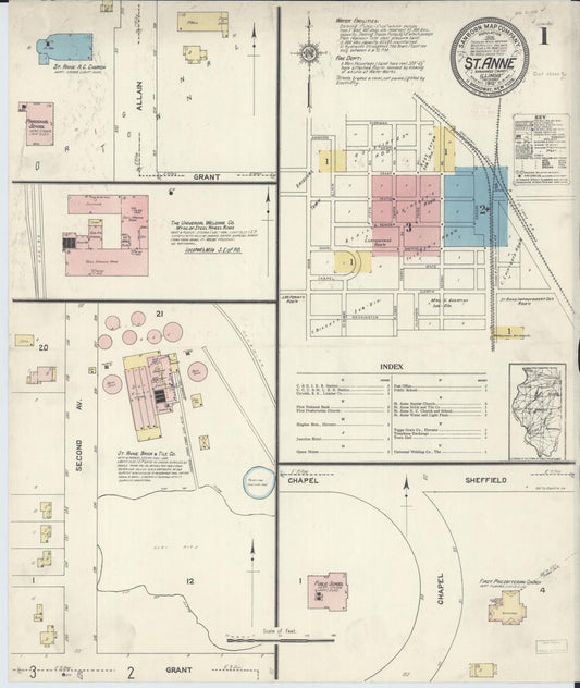 Sanborn Fire Insurance Map from Saint Anne, Kankakee County, Illinois (1912), Sheet #0001 - Complete Map Set gallery image, historic Sanborn map, vintage wall art, Illinois Illinois
