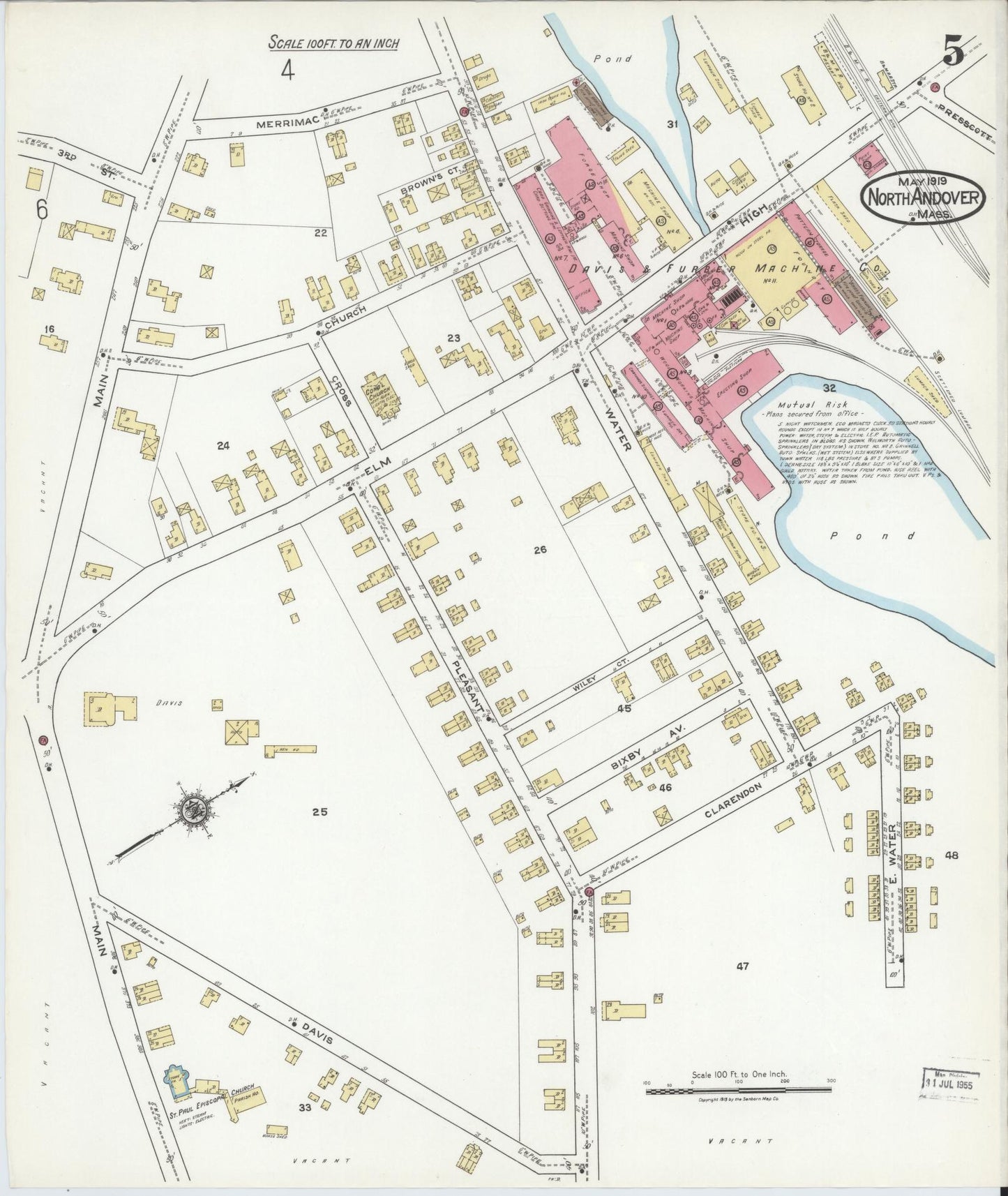 Sanborn Fire Insurance Map from North Andover, Essex County, Massachusetts (1919), Sheet #0005 - Historic Sanborn Fire Insurance Map Print, vintage old map wall art, antique decor, genealogy gift, Massachusetts Massachusetts map