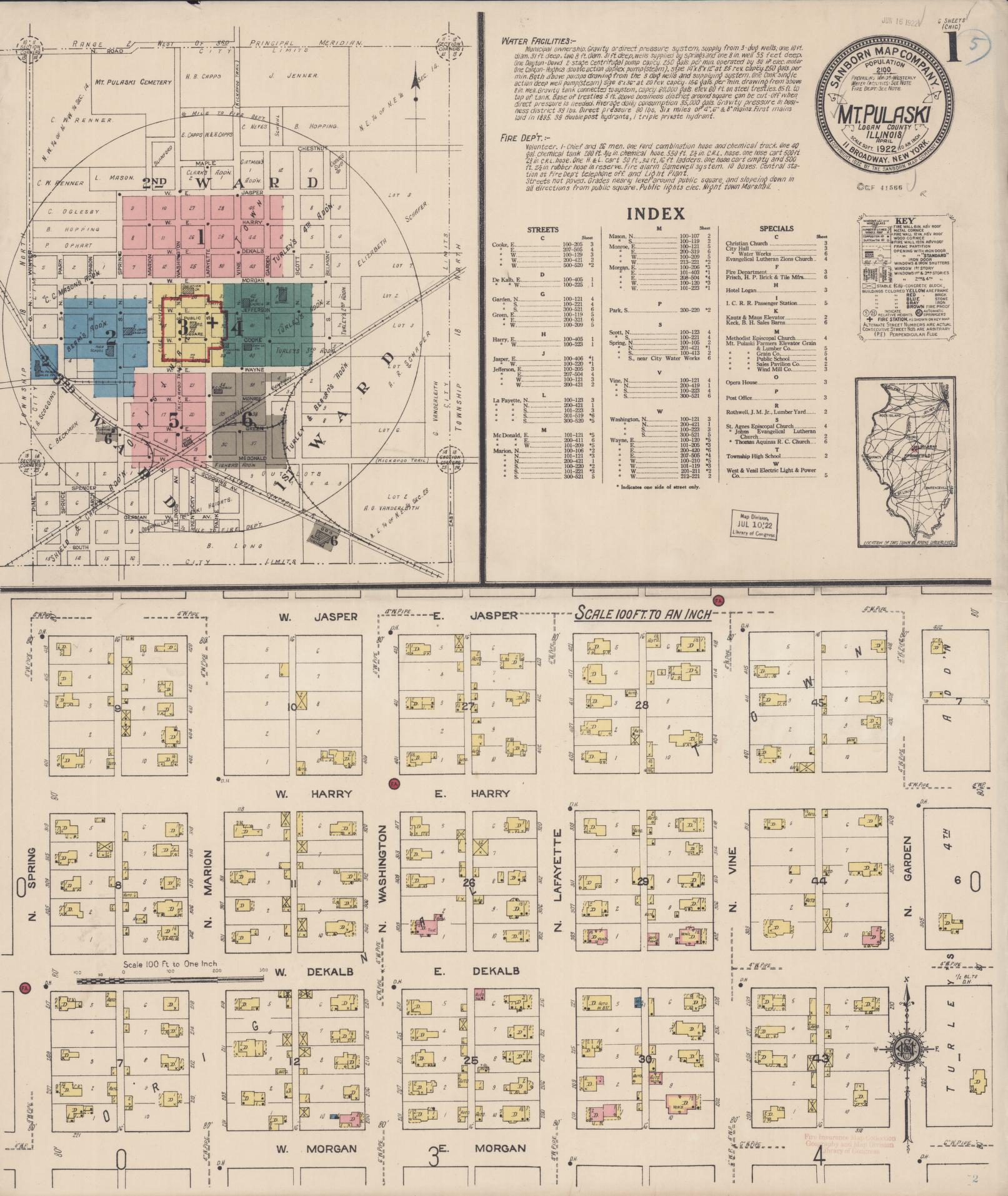 Sanborn Fire Insurance Map from Mount Pulaski, Logan County, Illinois (1922), Sheet #0001 - Historic Sanborn Fire Insurance Map Print, vintage old map wall art, antique decor, genealogy gift, Illinois Illinois map