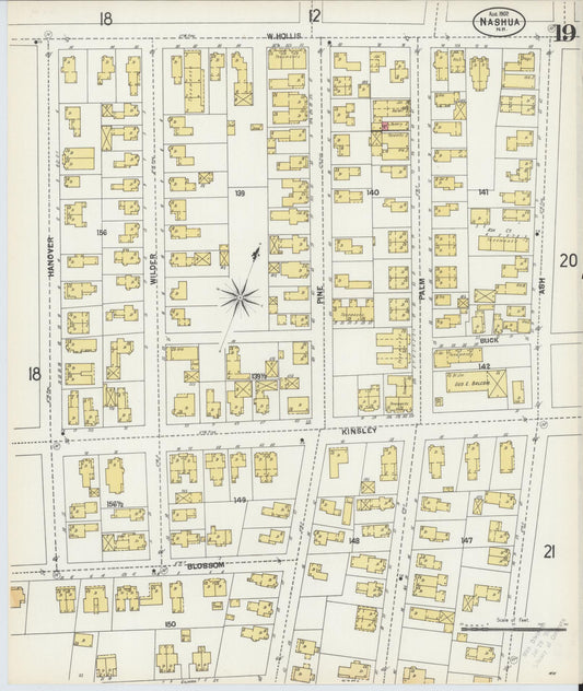 Sanborn Fire Insurance Map from Nashua, Hillsborough County, New Hampshire (1902), Sheet #0019 - Historic Sanborn Fire Insurance Map Print, vintage old map wall art, antique decor, genealogy gift, New Hampshire New Hampshire map