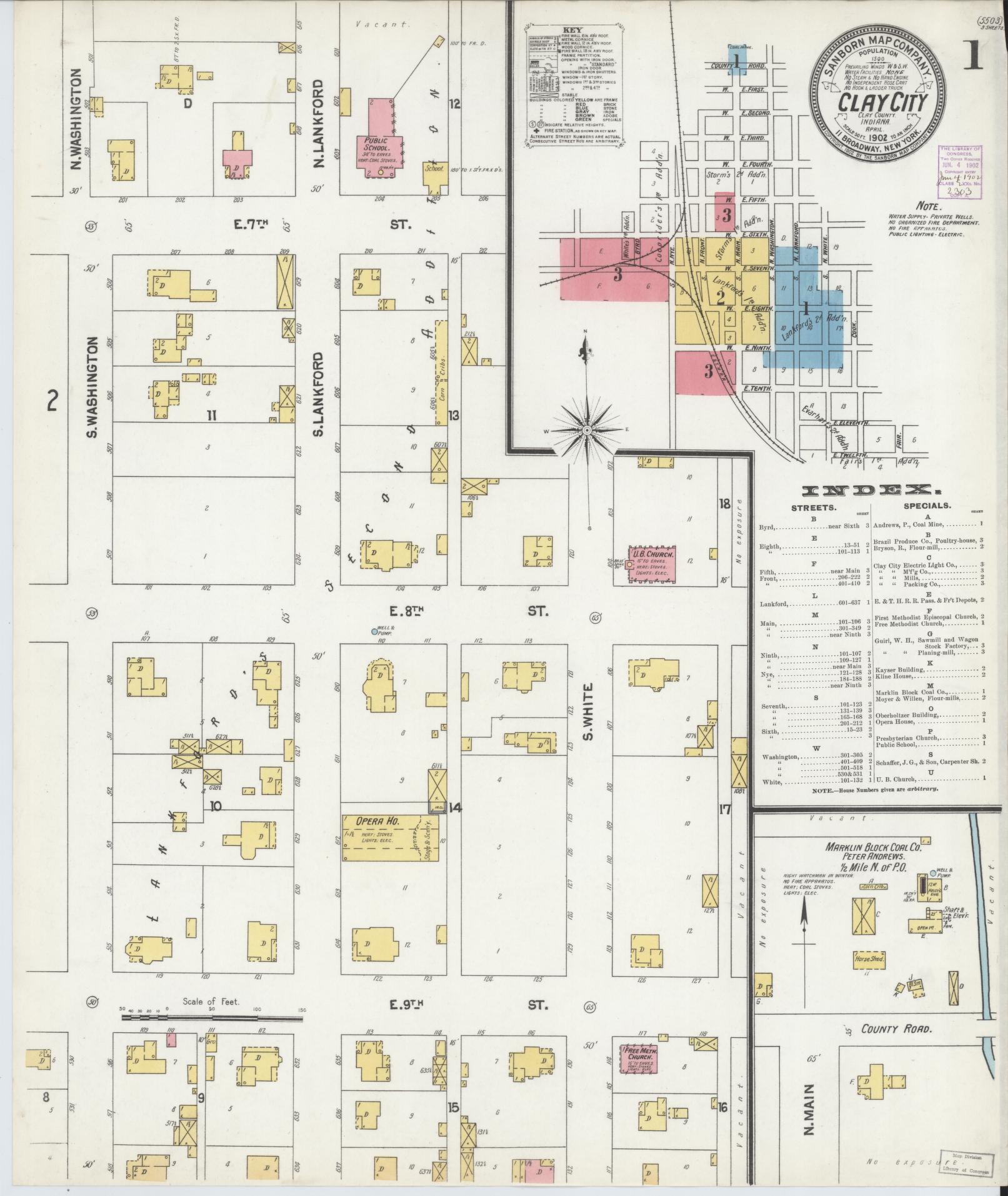 Sanborn Fire Insurance Map from Clay City, Clay County, Indiana (1902), Sheet #0001 - Historic Sanborn Fire Insurance Map Print, vintage old map wall art, antique decor, genealogy gift, Indiana Indiana map
