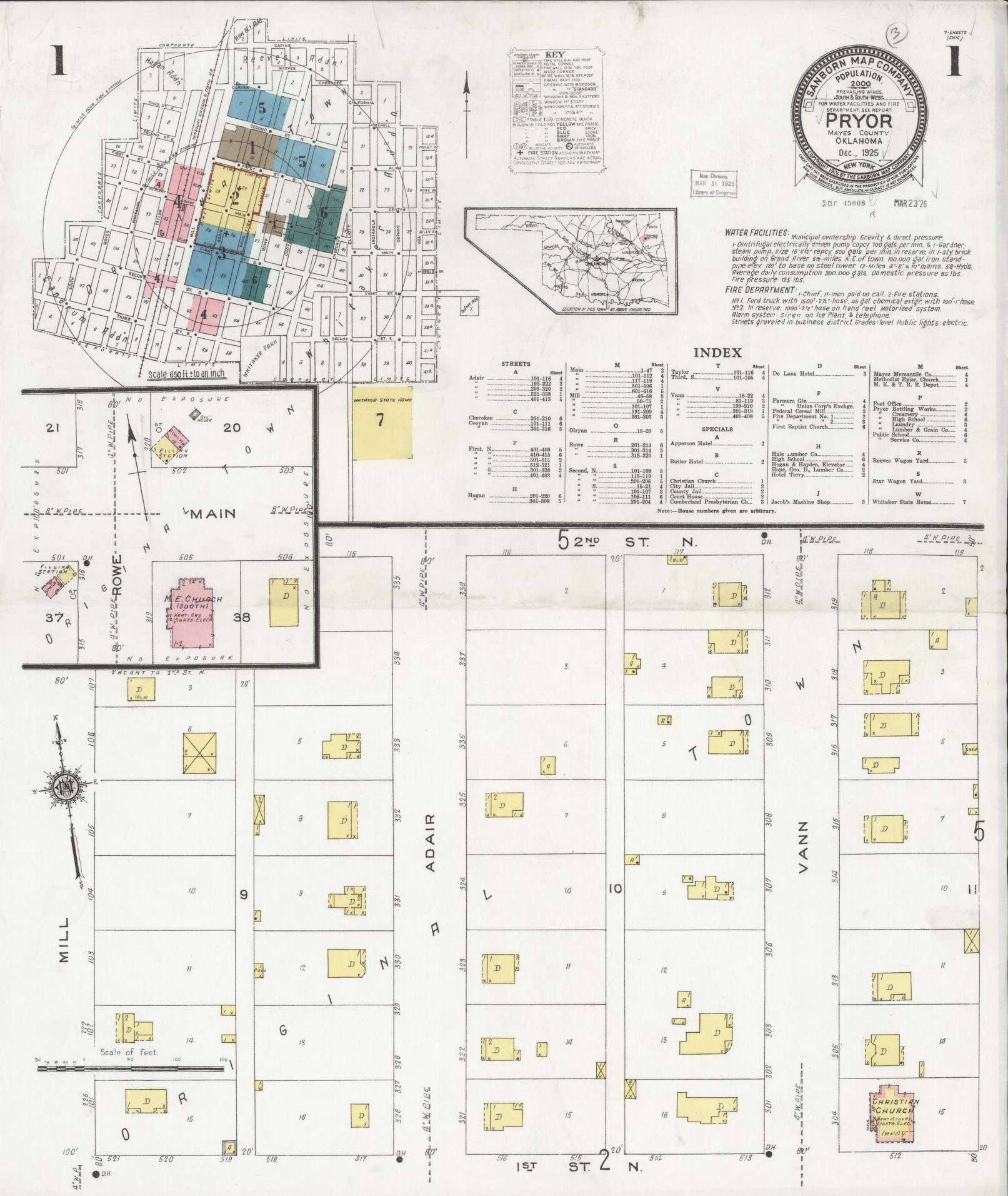 Sanborn Fire Insurance Map from Pryor Creek, Mayes County, Oklahoma (1925), Sheet #0001 - Historic Sanborn Fire Insurance Map Print, vintage old map wall art, antique decor, genealogy gift, Oklahoma Oklahoma map