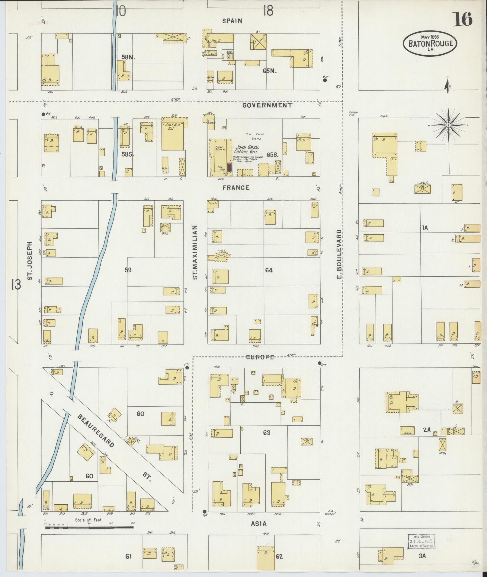 Sanborn Fire Insurance Map from Baton Rouge, East Baton Rouge Parish, Louisiana (1898), Sheet #0016 - Historic Sanborn Fire Insurance Map Print, vintage old map wall art, antique decor, genealogy gift, Louisiana Louisiana map
