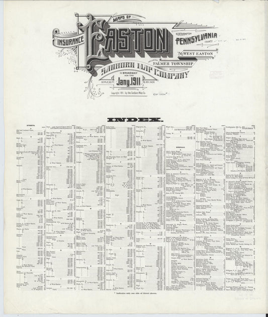 Sanborn Fire Insurance Map from Easton, Northampton County, Pennsylvania (1911), Sheet #0001 - Historic Sanborn Fire Insurance Map Print, vintage old map wall art, antique decor, genealogy gift, Pennsylvania Pennsylvania map