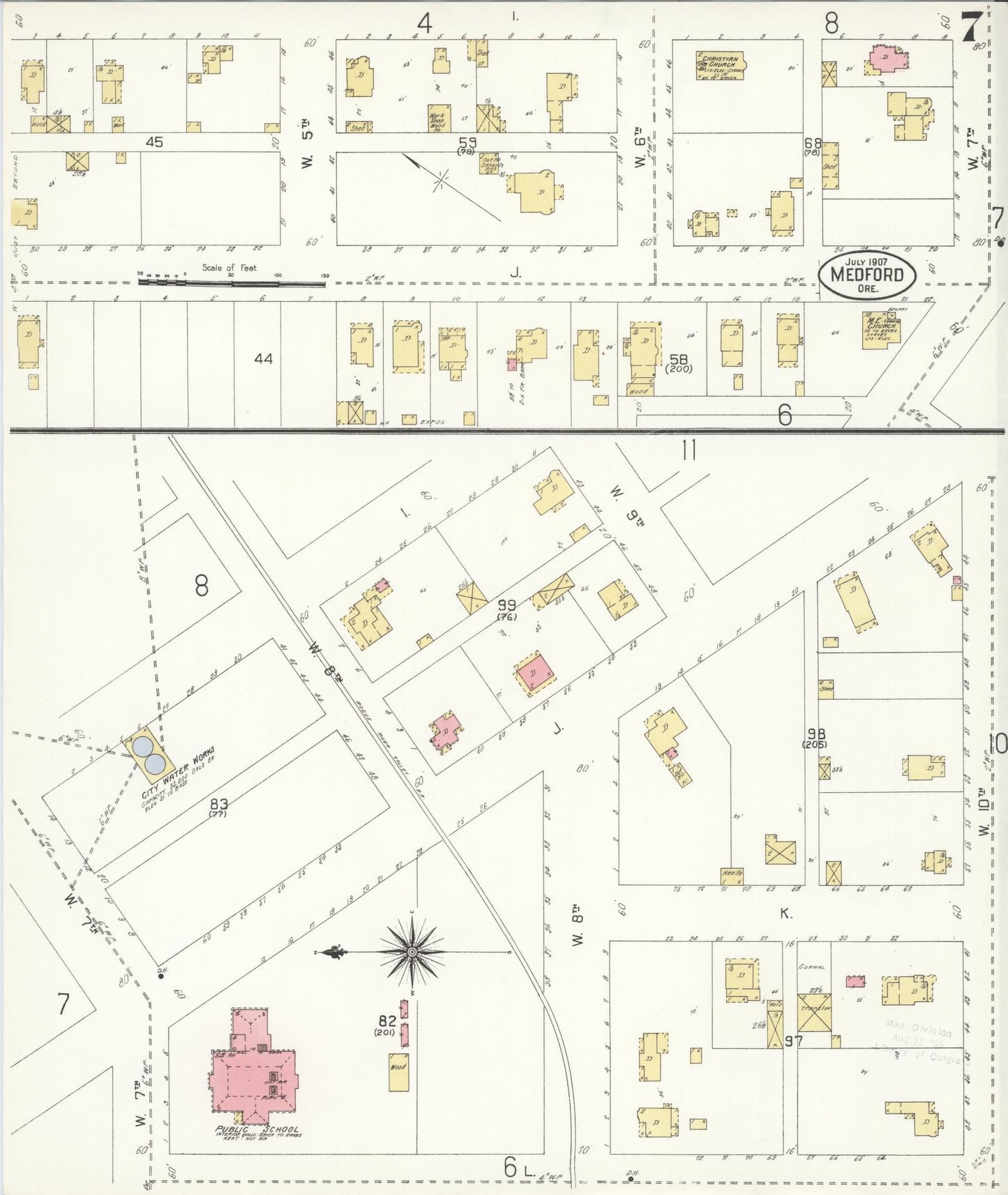 Sanborn Fire Insurance Map from Medford, Jackson County, Oregon (1907), Sheet #0007 - Complete Map Set gallery image, historic Sanborn map, vintage wall art, Oregon Oregon
