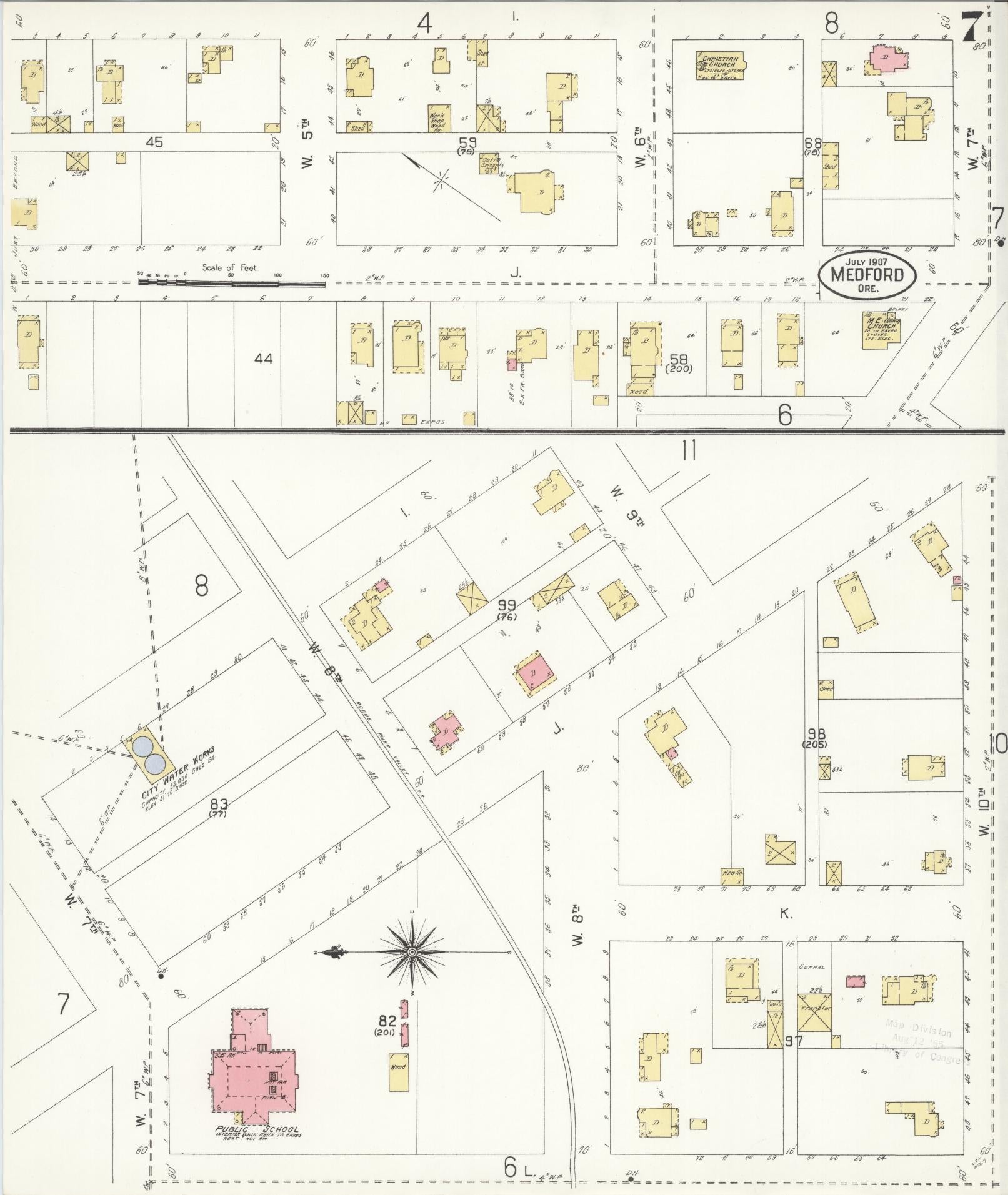 Sanborn Fire Insurance Map from Medford, Jackson County, Oregon (1907), Sheet #0007 - Complete Map Set gallery image, historic Sanborn map, vintage wall art, Oregon Oregon