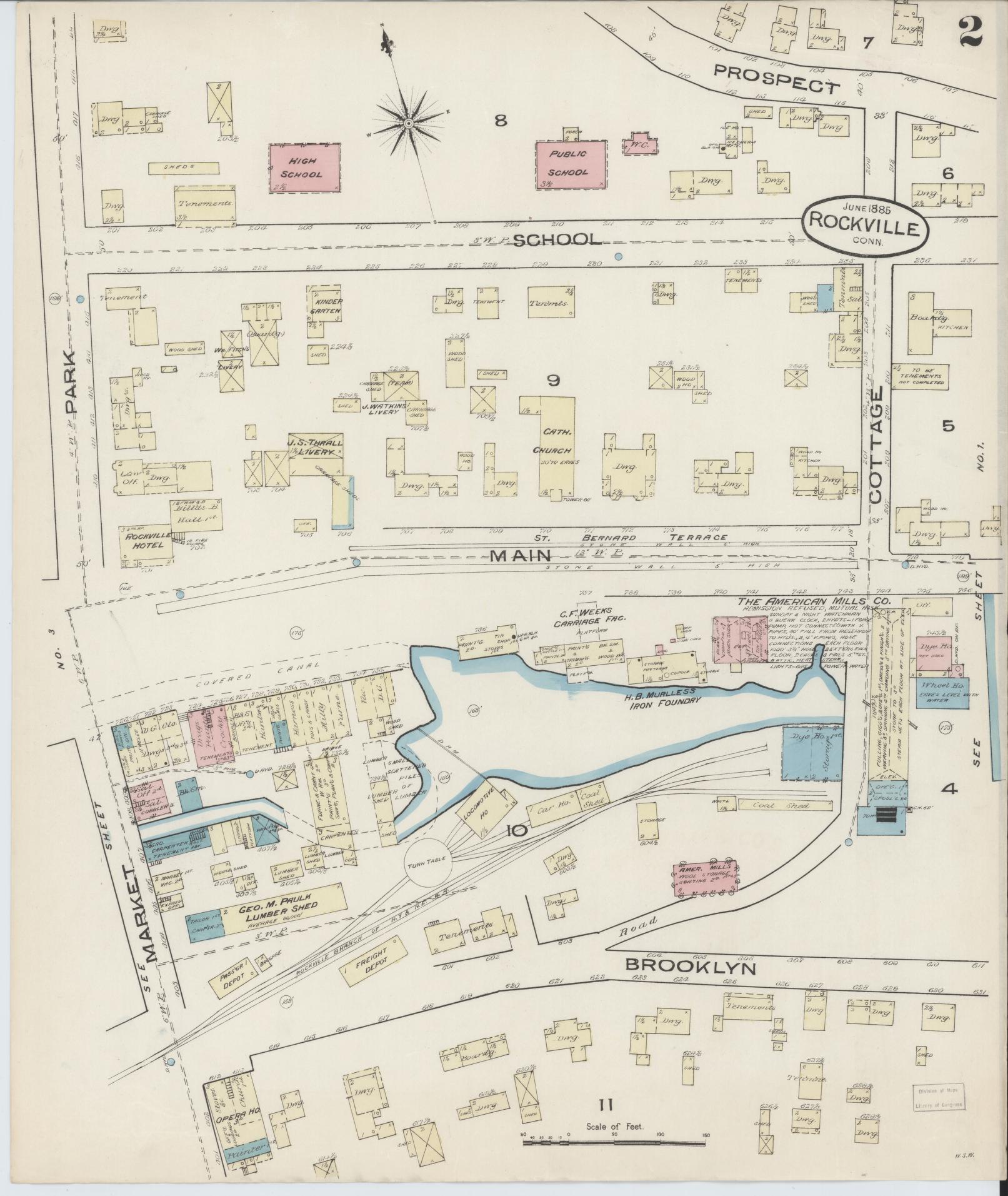 Sanborn Fire Insurance Map from Rockville, Tolland County, Connecticut (1885), Sheet #0002 - Complete Map Set gallery image, historic Sanborn map, vintage wall art, Connecticut Connecticut
