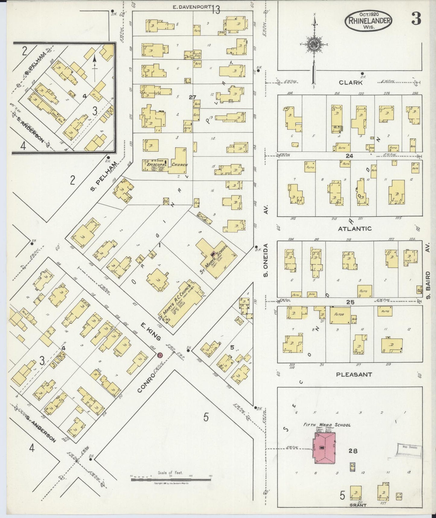 Sanborn Fire Insurance Map from Rhinelander, Oneida County, Wisconsin (1920), Sheet #0003 - Complete Map Set gallery image, historic Sanborn map, vintage wall art, Wisconsin Wisconsin