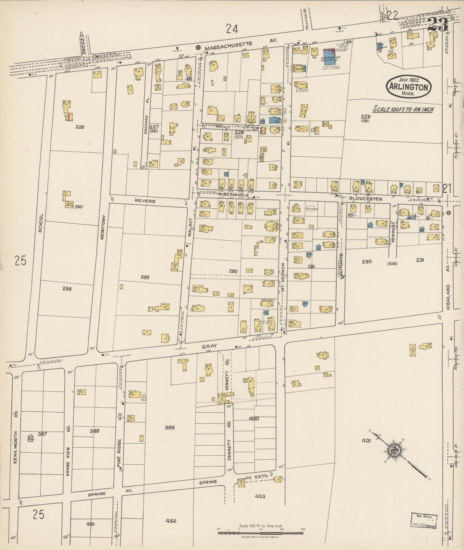 Sanborn Fire Insurance Map from Arlington, Middlesex County, Massachusetts (1922), Sheet #0023 - Historic Sanborn Fire Insurance Map Print, vintage old map wall art, antique decor, genealogy gift, Massachusetts Massachusetts map
