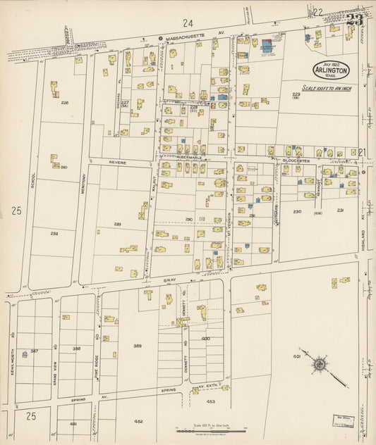 Sanborn Fire Insurance Map from Arlington, Middlesex County, Massachusetts (1922), Sheet #0023 - Historic Sanborn Fire Insurance Map Print, vintage old map wall art, antique decor, genealogy gift, Massachusetts Massachusetts map