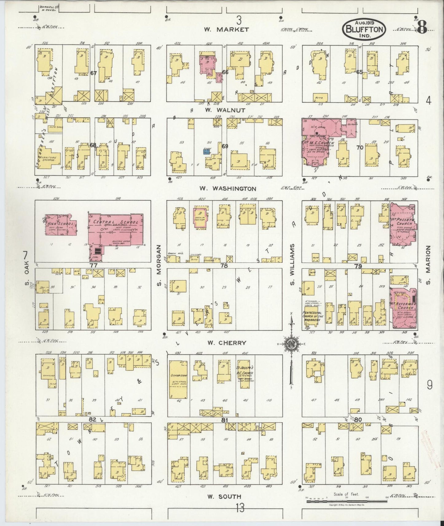 Sanborn Fire Insurance Map from Bluffton, Wells County, Indiana (1919), Sheet #0008 - Historic Sanborn Fire Insurance Map Print, vintage old map wall art, antique decor, genealogy gift, Indiana Indiana map