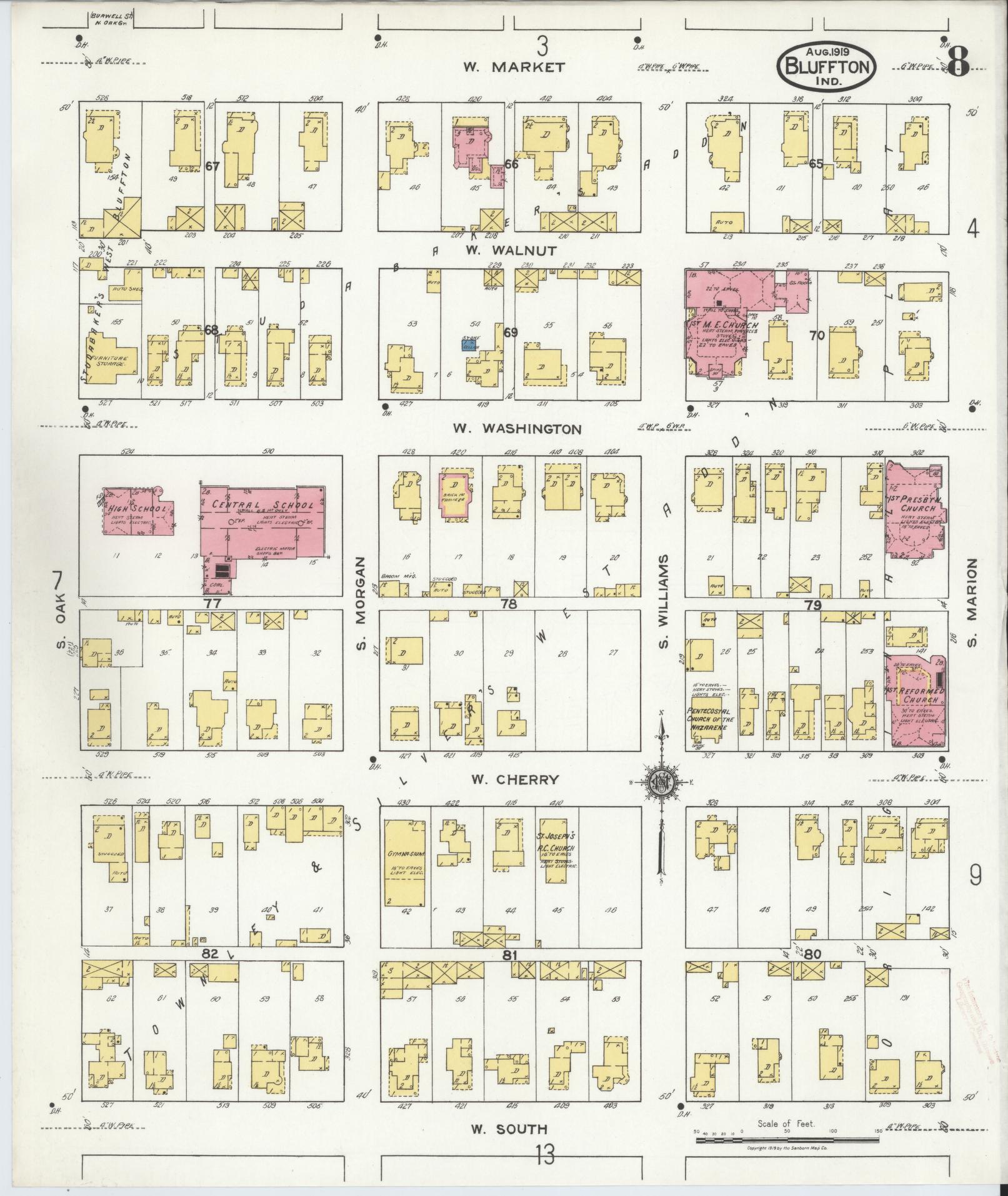 Sanborn Fire Insurance Map from Bluffton, Wells County, Indiana (1919), Sheet #0008 - Historic Sanborn Fire Insurance Map Print, vintage old map wall art, antique decor, genealogy gift, Indiana Indiana map