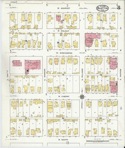 Sanborn Fire Insurance Map from Bluffton, Wells County, Indiana (1919), Sheet #0008 - Historic Sanborn Fire Insurance Map Print, vintage old map wall art, antique decor, genealogy gift, Indiana Indiana map