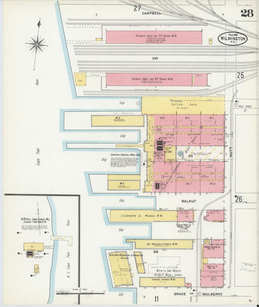 Sanborn Fire Insurance Map from Wilmington, New Hanover County, North Carolina (1904), Sheet #0028 - Historic Sanborn Fire Insurance Map Print, vintage old map wall art, antique decor, genealogy gift, North Carolina North Carolina map