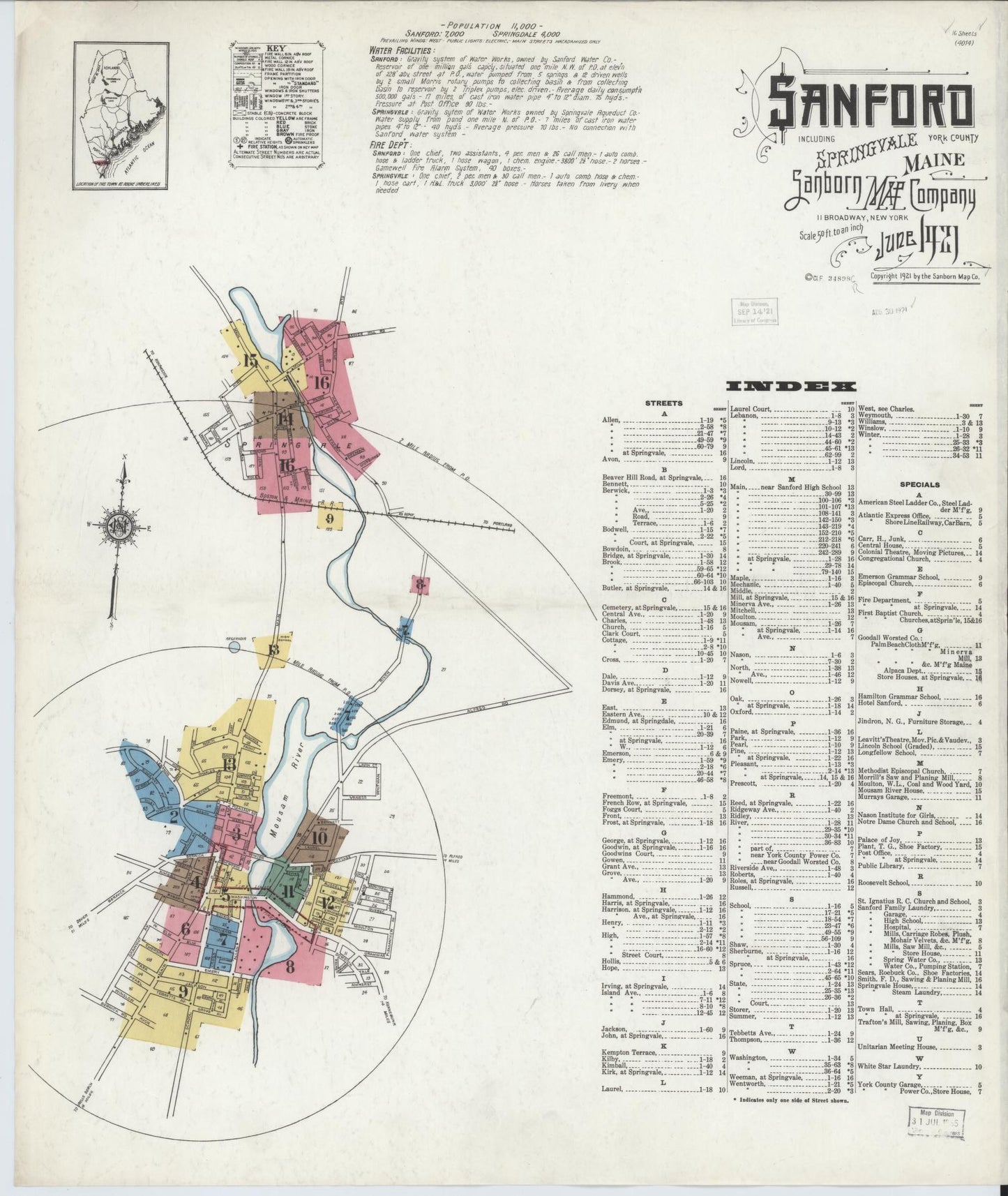 Sanborn Fire Insurance Map from Sanford, York County, Maine (1921), Sheet #0001 - Complete Map Set gallery image, historic Sanborn map, vintage wall art, Maine Maine