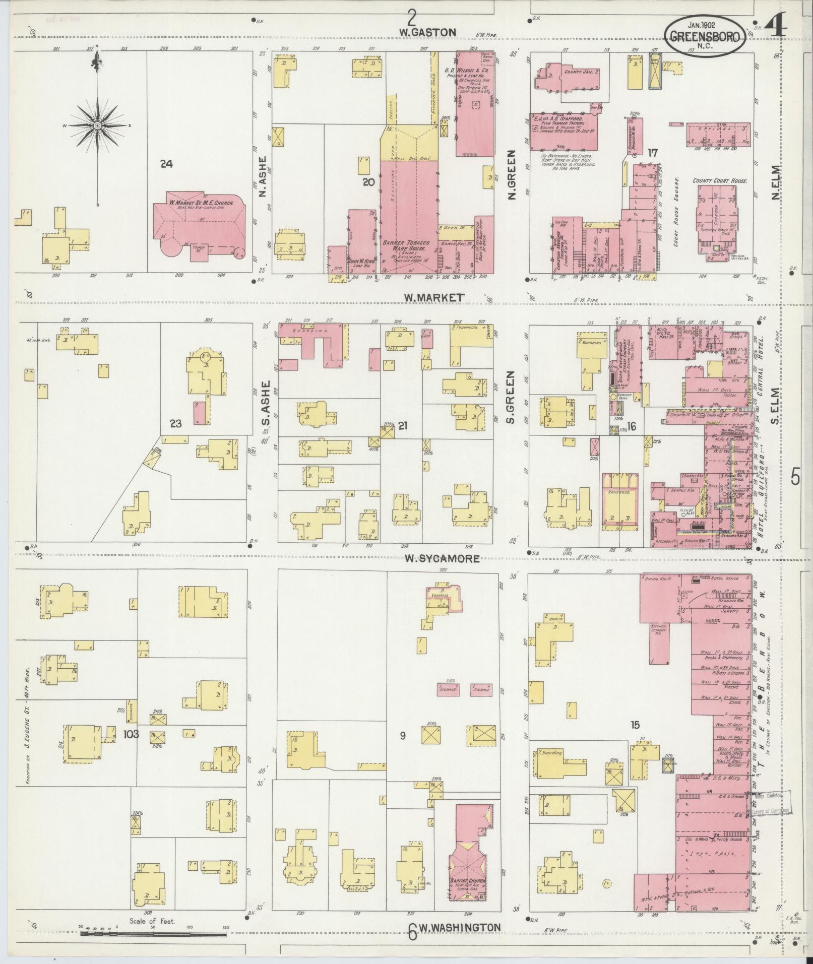 Sanborn Fire Insurance Map from Greensboro, Guilford County, North Carolina (1902), Sheet #0004 - Complete Map Set gallery image, historic Sanborn map, vintage wall art, North Carolina North Carolina