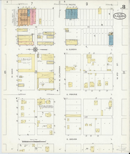 Sanborn Fire Insurance Map from Plainview, Hale County, Texas (1914), Sheet #0008 - Historic Sanborn Fire Insurance Map Print, vintage old map wall art, antique decor, genealogy gift, Texas Texas map