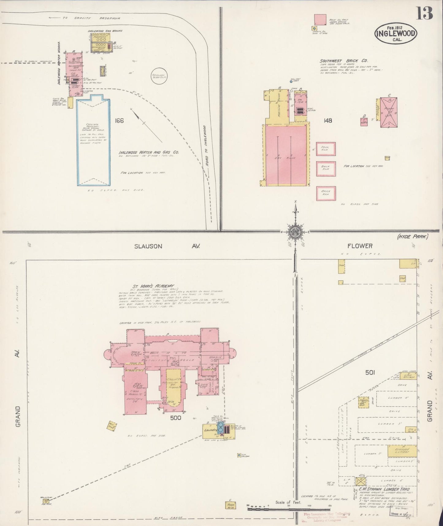 Sanborn Fire Insurance Map from Inglewood, Los Angeles County, California (1912), Sheet #0013 - Historic Sanborn Fire Insurance Map Print, vintage old map wall art, antique decor, genealogy gift, California California map
