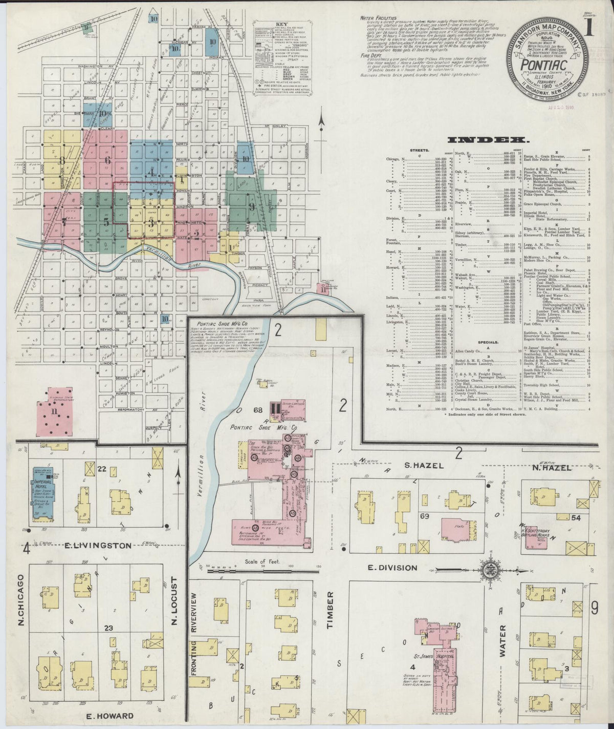 Sanborn Fire Insurance Map from Pontiac, Livingston County, Illinois (1910), Sheet #0001 - Complete Map Set gallery image, historic Sanborn map, vintage wall art, Illinois Illinois