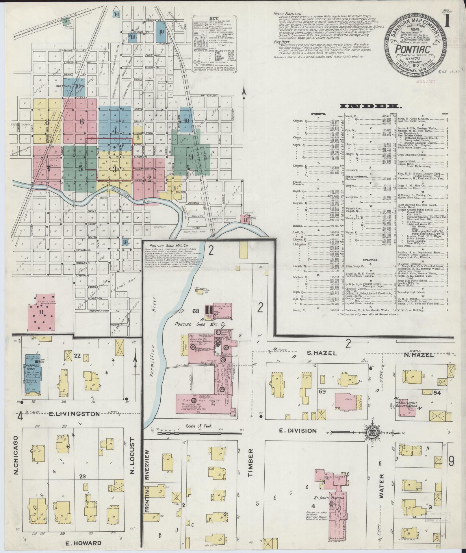 Sanborn Fire Insurance Map from Pontiac, Livingston County, Illinois (1910), Sheet #0001 - Complete Map Set gallery image, historic Sanborn map, vintage wall art, Illinois Illinois
