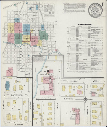 Sanborn Fire Insurance Map from Pontiac, Livingston County, Illinois (1910), Sheet #0001 - Complete Map Set gallery image, historic Sanborn map, vintage wall art, Illinois Illinois
